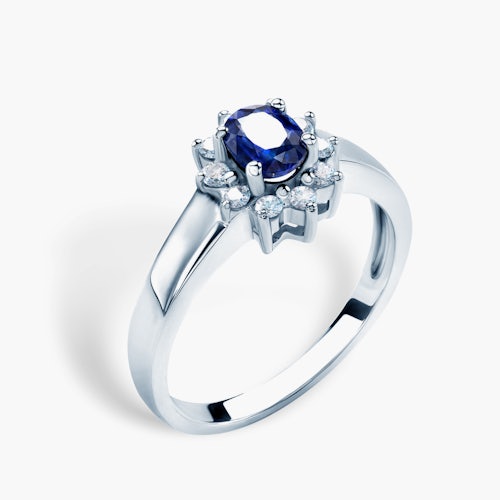 Pierścionek zaręczynowy SAVICKI: białe złoto, niebieski szafir, diamenty